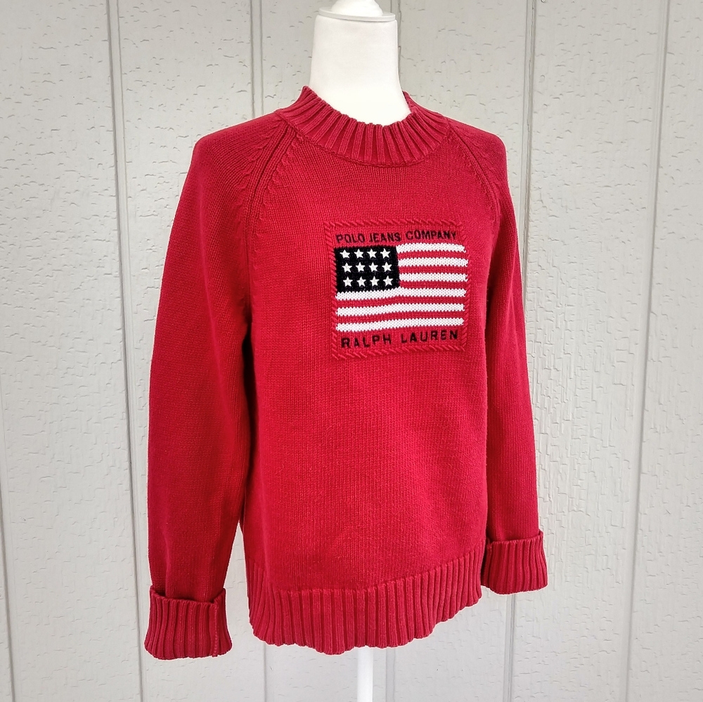 VTG RL Polo Jeans Red USA Flag Cotton Sweater!